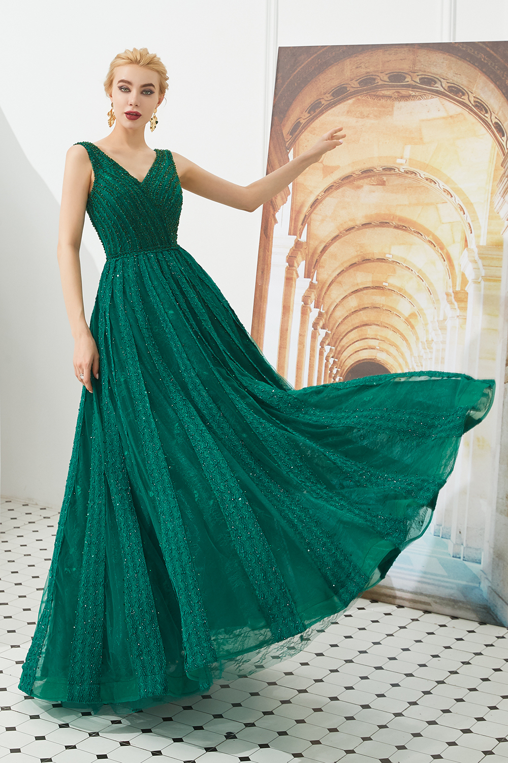 Long V-neck Tulle A-line Sequin Burgundy Formal Dresses