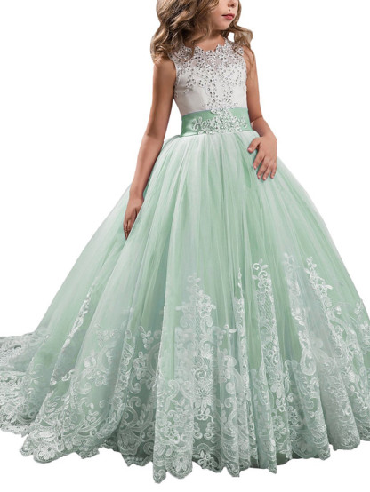 Princess Sleeveless Jewel Neck Pageant Flower Girl Dresses With Bow(S)