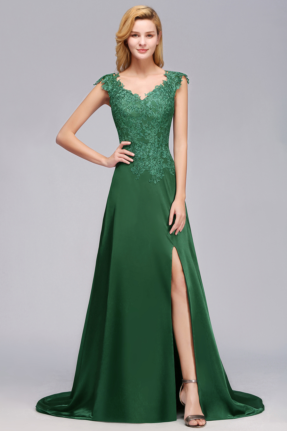 Dark Green A-line Lace Front-Slit Long Bridesmaid Dress