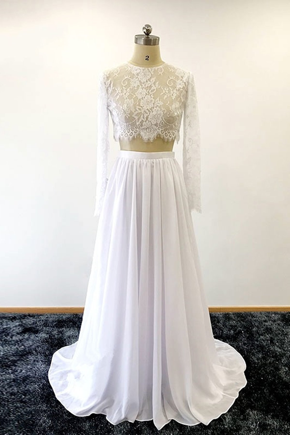 White Lace Two Pieces Long Chiffon Wedding Dresses