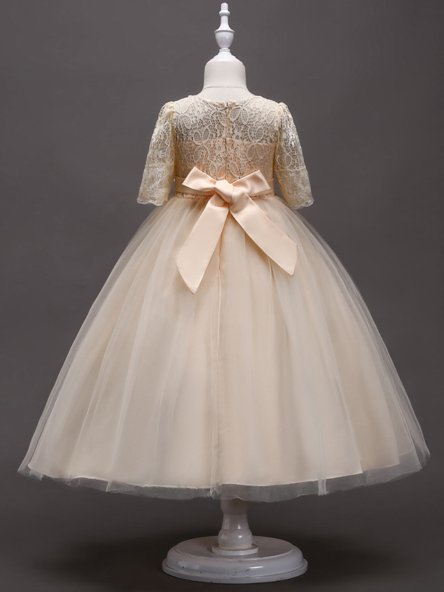 Princess Tea Length Wedding / First Communion Flower Girl Dresses - Lace / Satin / Tulle Half Sleeve Jewel Neck With Lace / Belt / Beading