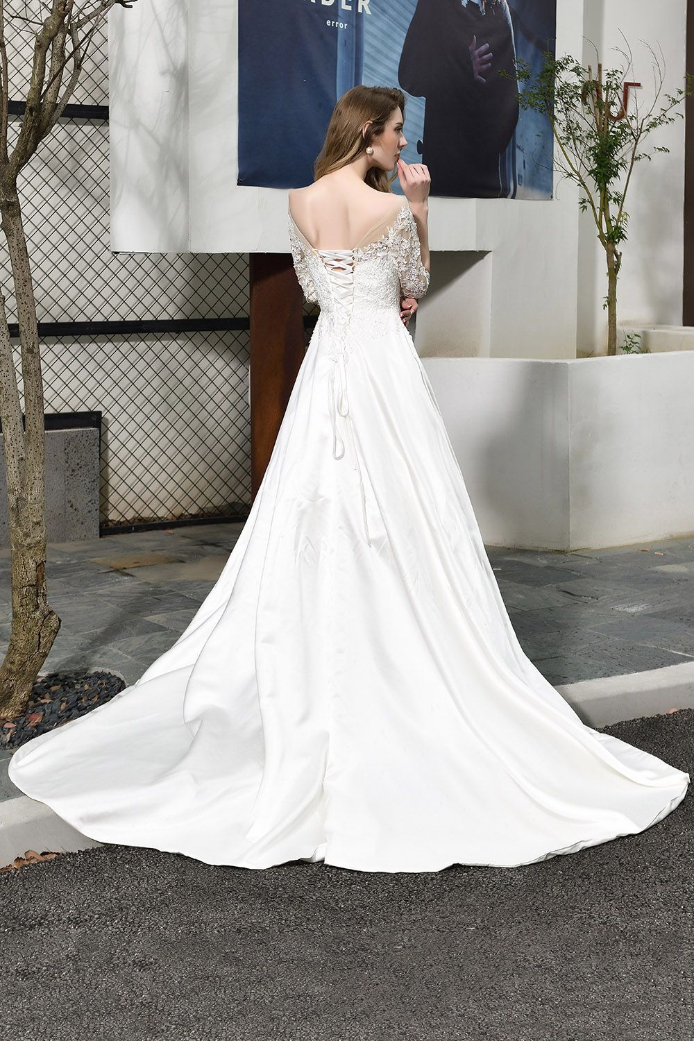 Long A-line Sweetheart Satin Lace Wedding Dresses with Half Sleeves