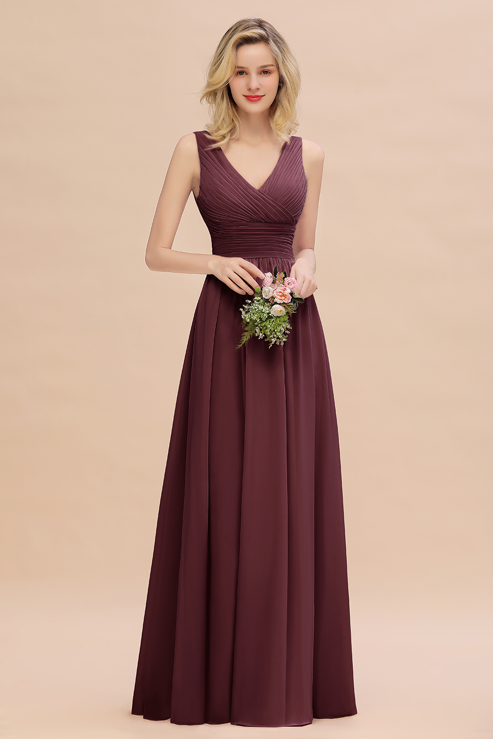 Elegant A-line V-Neck Ruffles Long Bridesmaid Dress