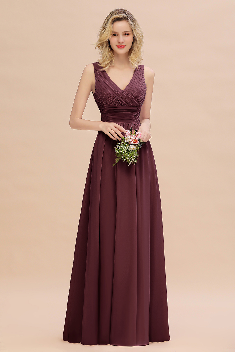 Elegant A-line V-Neck Ruffles Long Bridesmaid Dress