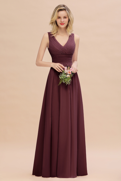 Elegant A-line V-Neck Ruffles Long Bridesmaid Dress