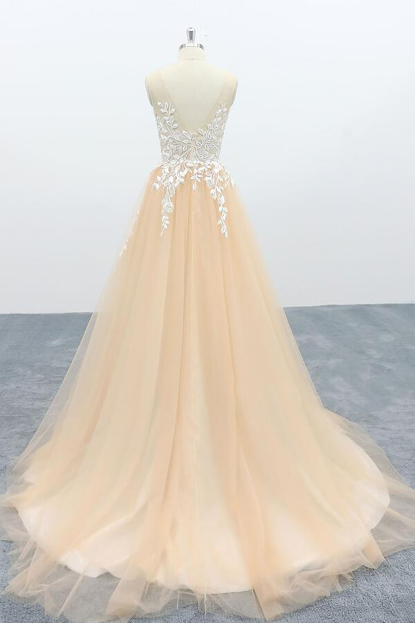 Long A-line Sweetheart Appliques Tulle Backless Wedding Dress