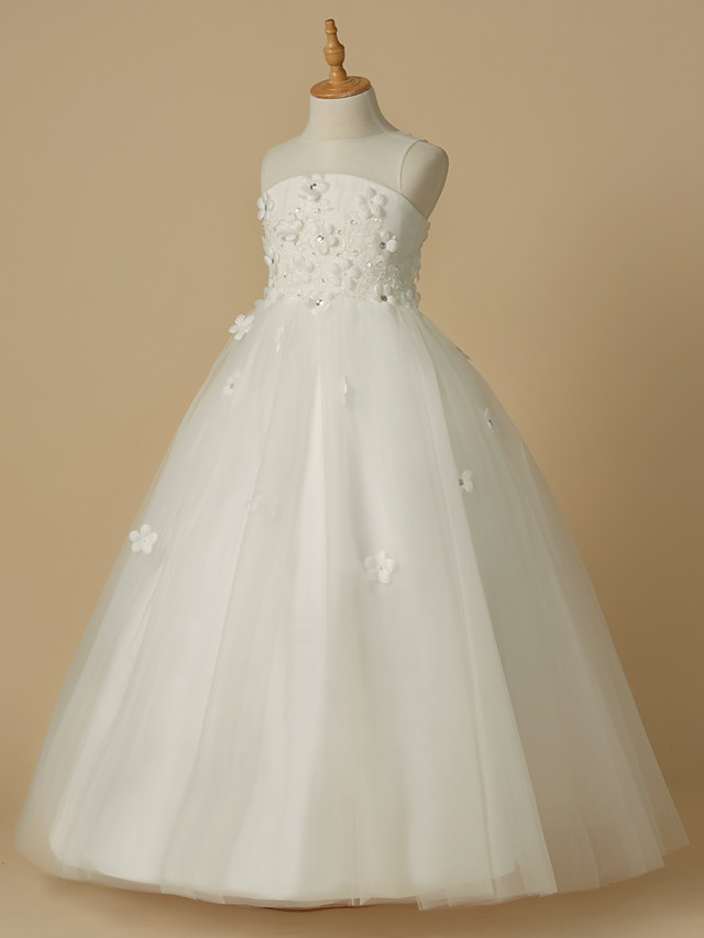 A-Line Floor Length Wedding / First Communion Flower Girl Dresses - Satin / Tulle Sleeveless Jewel Neck With Beading / Flower