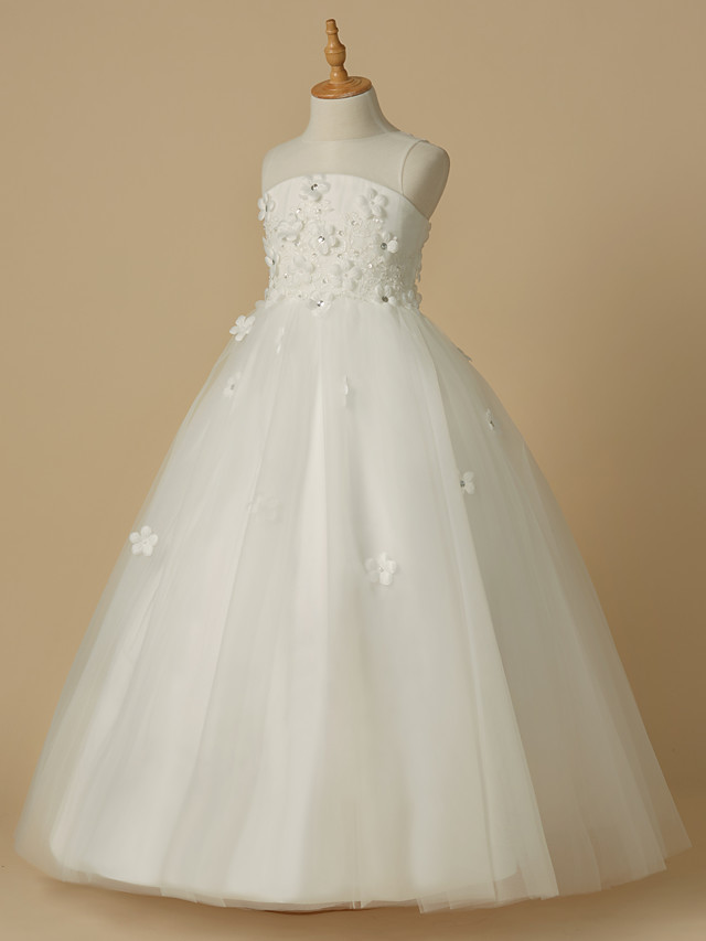 A-Line Floor Length Wedding / First Communion Flower Girl Dresses - Satin / Tulle Sleeveless Jewel Neck With Beading / Flower