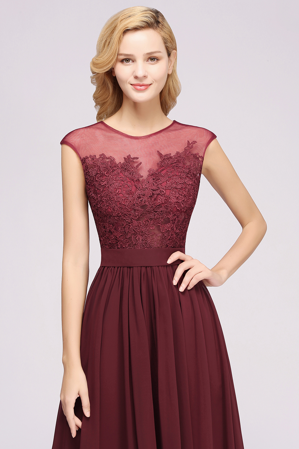 A-line Chiffon Lace Jewel Sleeveless Floor-Length Bridesmaid Dresses with Appliques