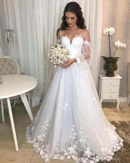 Elegant Long A-line Princess Off-the-shoulder Tulle Wedding Dress with Bubble Sleeves