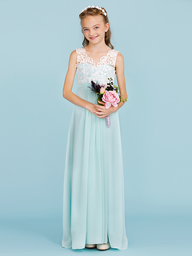 Sheath / Column V Neck Floor Length Chiffon / Lace Junior Bridesmaid Dress With Sash / Ribbon / Pleats / Color Block / Wedding Party / Open Back