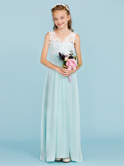 Sheath / Column V Neck Floor Length Chiffon / Lace Junior Bridesmaid Dress With Sash / Ribbon / Pleats / Color Block / Wedding Party / Open Back