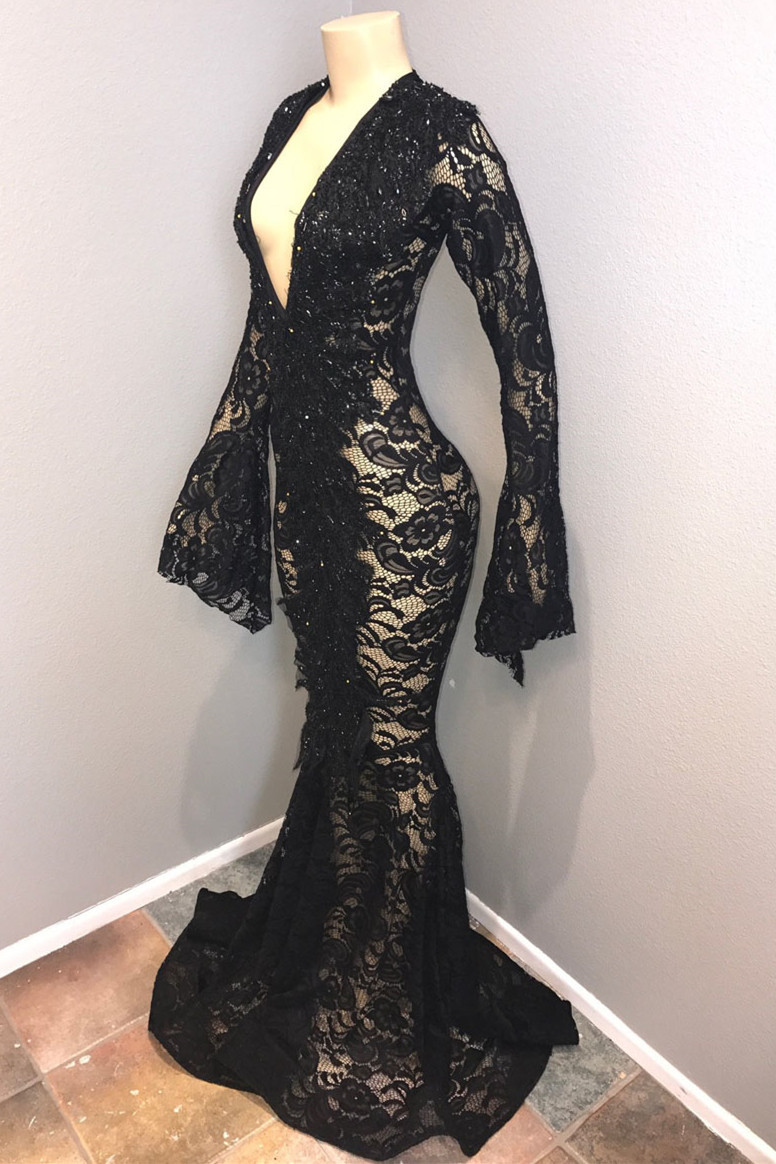 Black Deep V-neck Long Sleeves Appliques Lace Long Mermaid Prom Dress