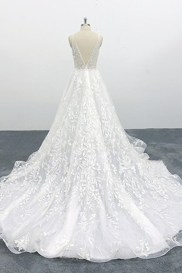 Elegant Long V-neck Appliques Lace Tulle A-line Wedding Dress