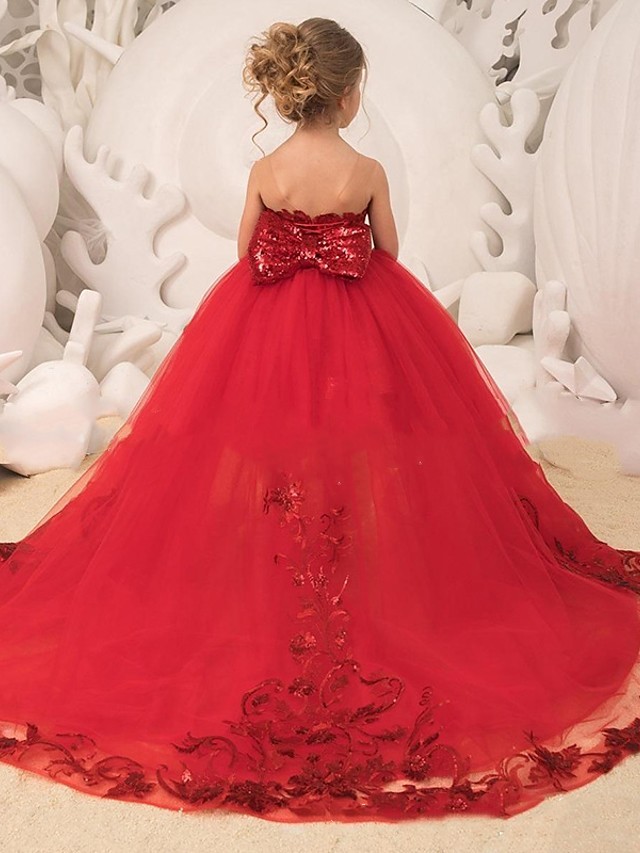 Cocosbride Red Ball Gown Tulle Sequin Sleeveless Flower Girl Dress with Train Back View