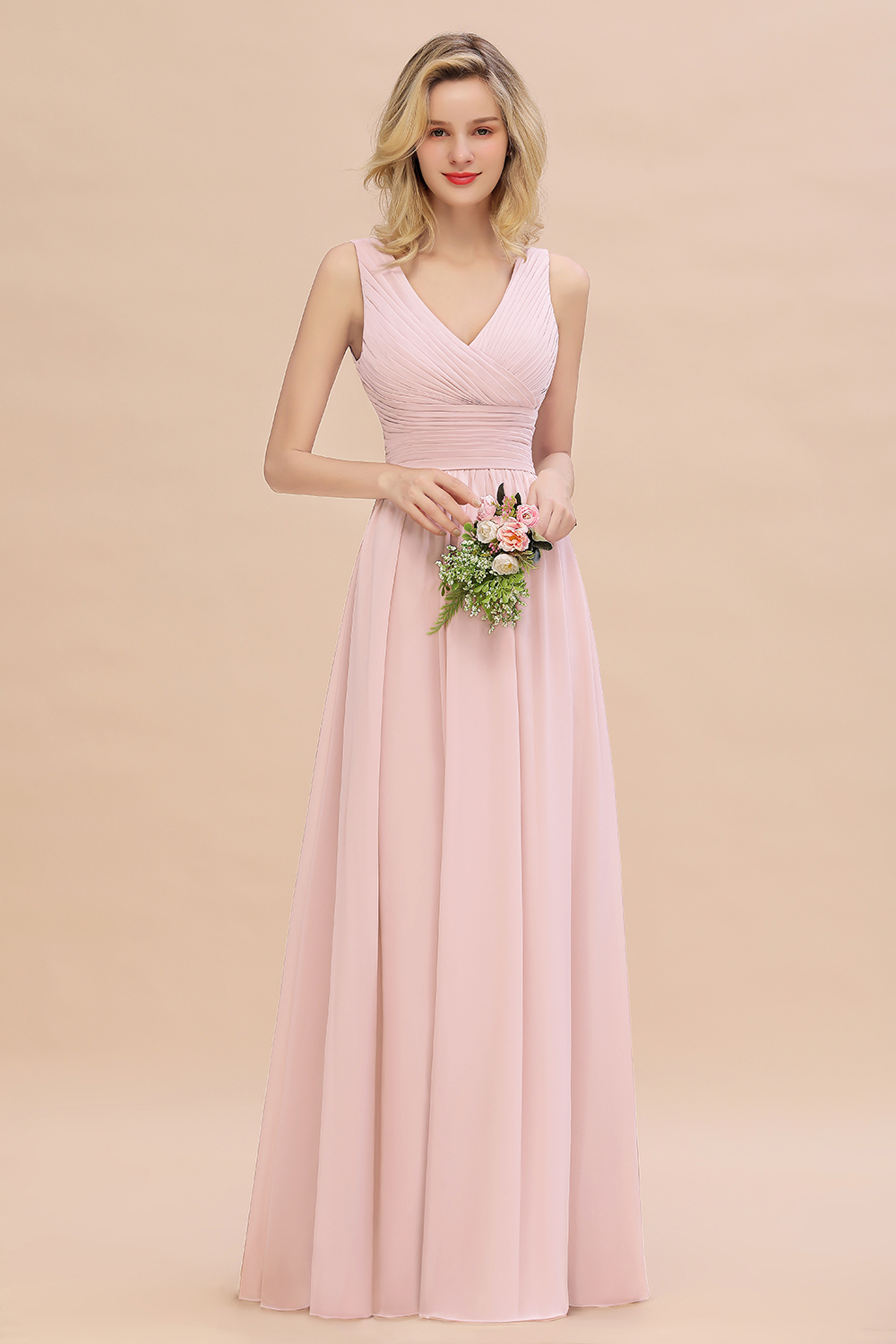 Elegant A-line V-Neck Ruffles Long Bridesmaid Dress