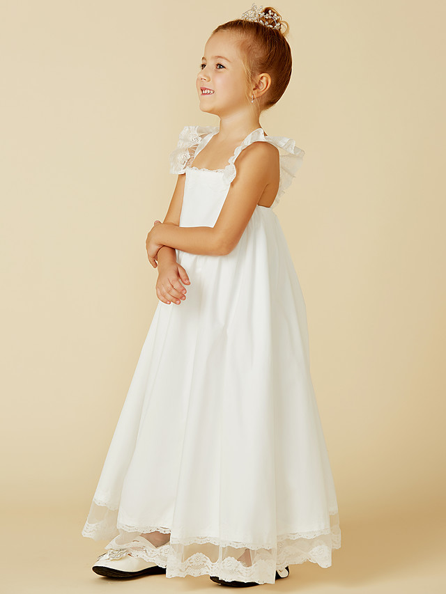 A-Line Ankle Length Wedding / First Communion Flower Girl Dresses - Lace / Cotton Sleeveless Straps With Pleats