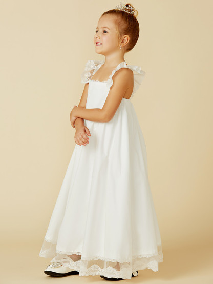 A-Line Ankle Length Wedding / First Communion Flower Girl Dresses - Lace / Cotton Sleeveless Straps With Pleats