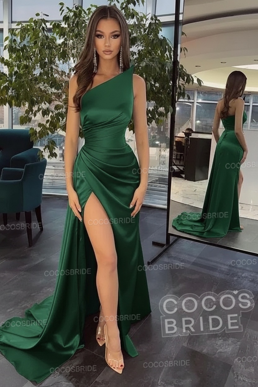 Elegant Black Long Mermaid One Shoulder Satin Prom Dress