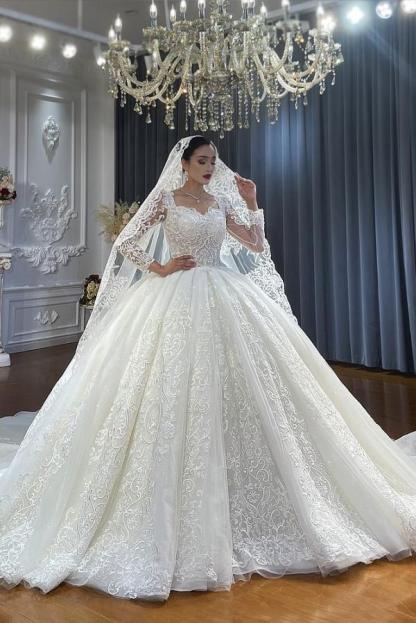 Luxury Long Ball Gown Tulle Lace Long Sleeves Wedding Dress with Appliques