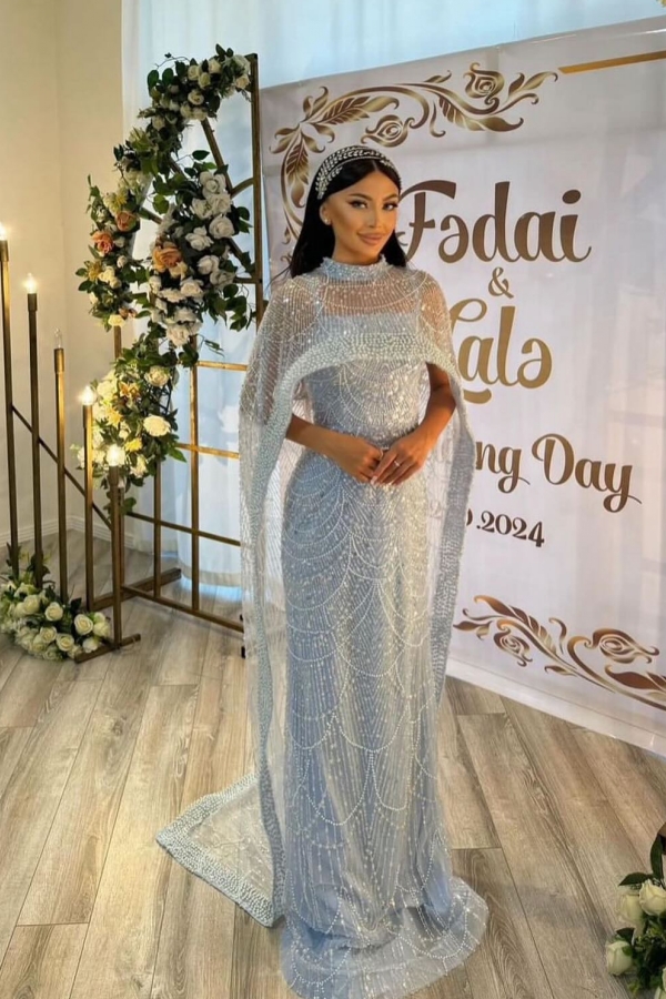 Sparkle Blue Mermaid Beads Beading Prom Dress with Watteau