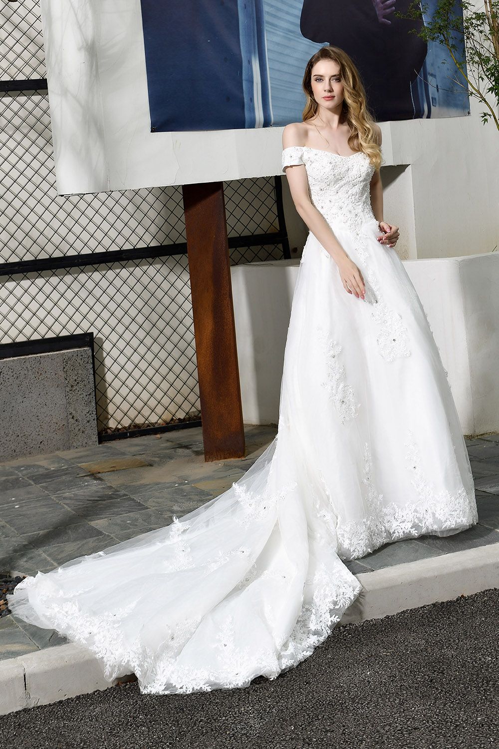 Gorgeous Long A-Line Lace Off Shoulder Satin Wedding Dress  COCOSBRIDE