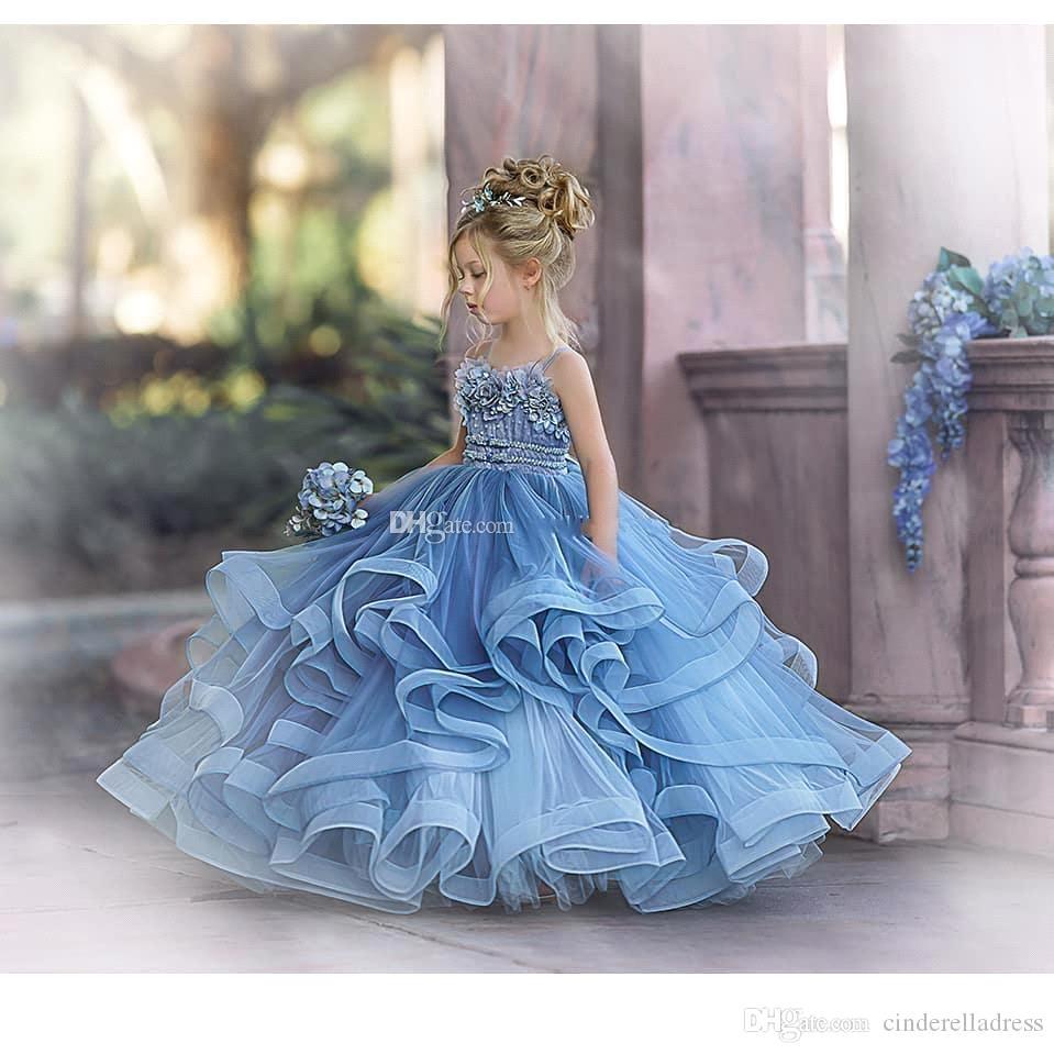 Cute Dusty Blue Long Spaghetti Straps Strapless Tulle Princess Flower Girl Dresses