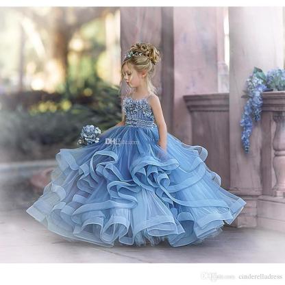 Cute Dusty Blue Long Spaghetti Straps Strapless Tulle Princess Flower Girl Dresses