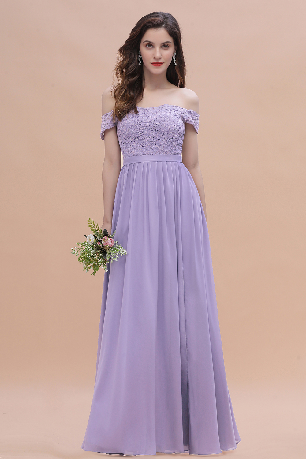 Romantice Off-the-Shoulde Lace Chiffon A-Line Bridesmaid Dress With Slit
