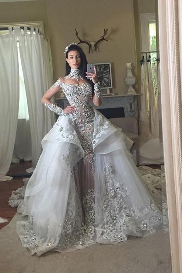 Glamorous Long Sleeves Tulle High Neck Appliques Wedding Dresses with Detachable Overskirt