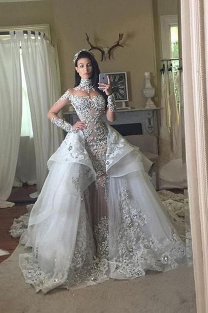 Glamorous Long Sleeves Tulle High Neck Appliques Wedding Dresses with Detachable Overskirt