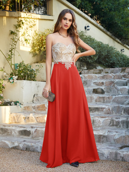 Elegant Long A-line Chiffon Sleeveless Tulle Lace Appliques Prom Dress
