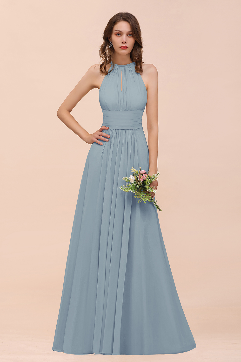 Elegant Long A-Line Jewel Ruffle Chiffon Champagne Bridesmaid Dress