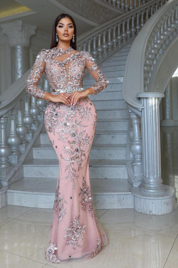 Long Sleeve Pink Satin Mermaid Floor Length Prom Dress with Detachable Train and Appliques