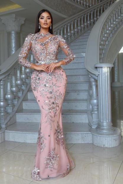 Long Sleeve Pink Satin Mermaid Floor Length Prom Dress with Detachable Train and Appliques