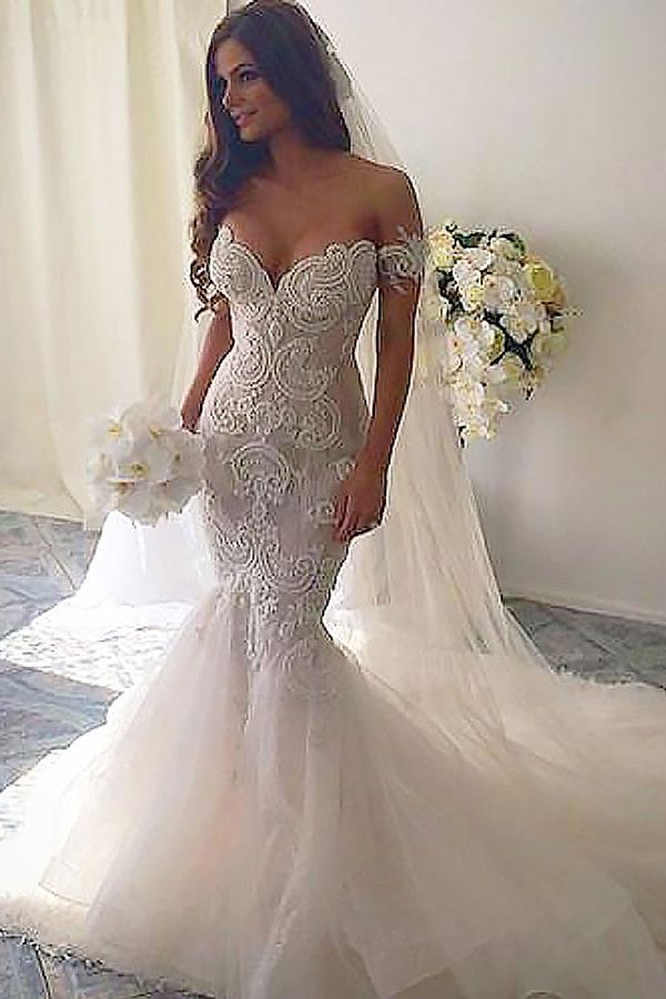Long Mermaid Chapel Train Off the Shoulder Tulle Lace Wedding Dresses