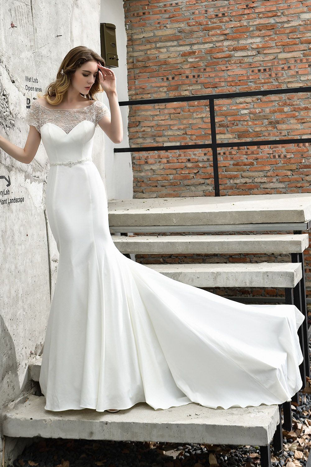 Long Mermaid Satin Belt Lace White Dresses with Short Sleeves