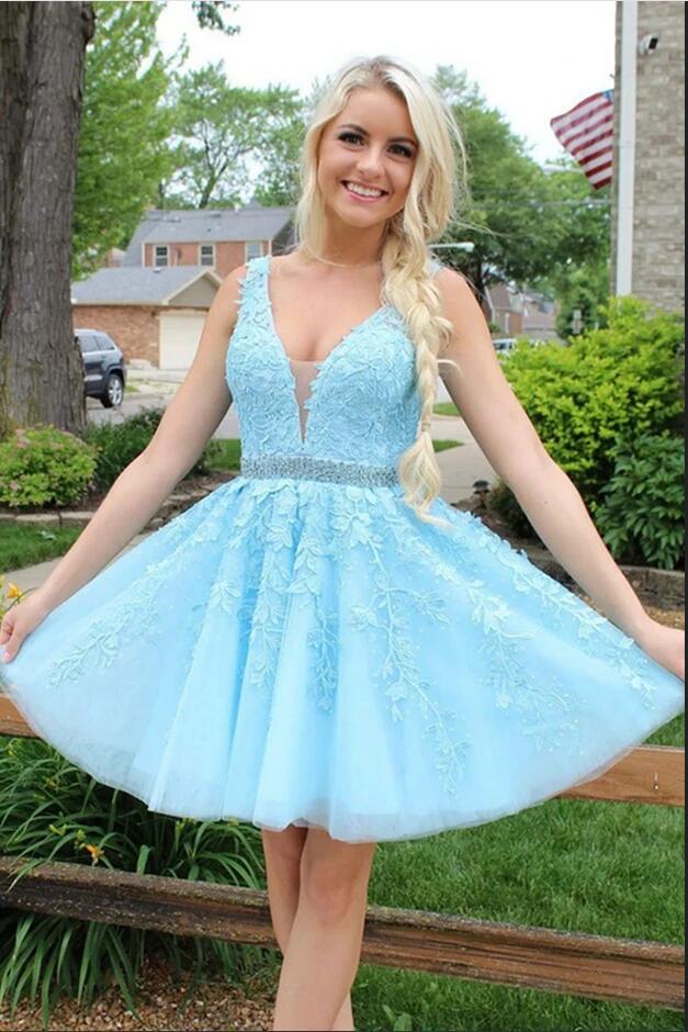 Petite V-neck A-line Appliques Lace Backless Tulle Ruffles Short Prom Dress