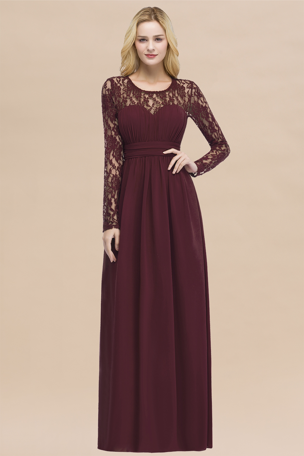 Elegant A-Line Chiffon Jewel Long Sleeves Ruffles Floor-Length Bridesmaid Dresses