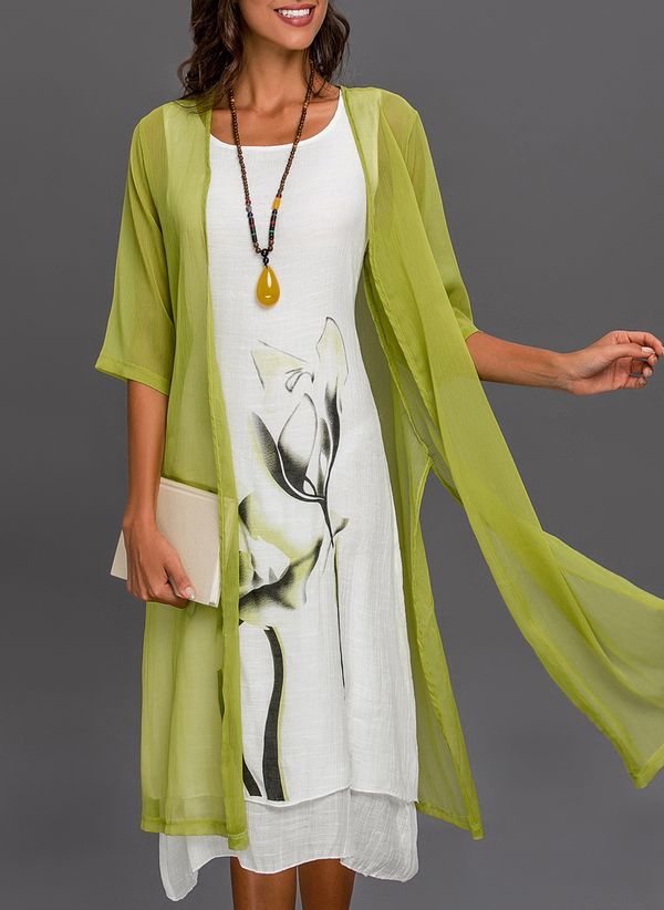 Floral Wrap Round Neckline Midi X-line Dress