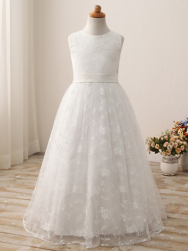 Ball Gown Long Length Wedding / First Communion / Birthday Flower Girl Dresses - Tulle / Cotton Sleeveless Jewel Neck With Embroidery / Solid