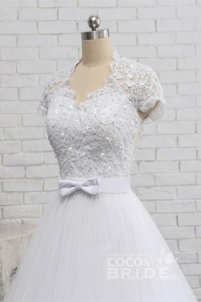 Elegant Long A-line Sweetheart Lace Beaded Tulle Wedding Dresses with Short Sleeves