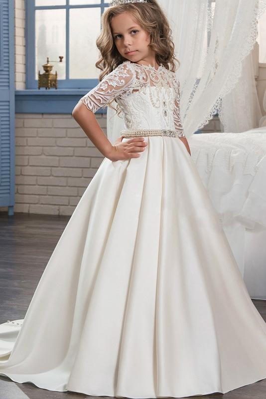 White Scoop Neck 1/2 Sleeves Trumpet Flower Girls Dress
