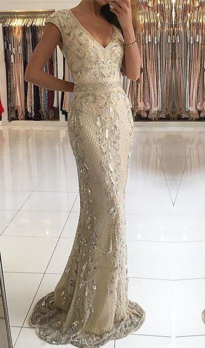 Glamorous Deep V-neck Wide Straps Beading Floor-length Mermaid Prom Dress