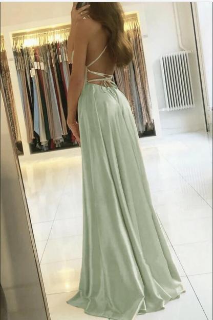 Sage A-line Spaghetti Straps Satin Open Back Long Prom Dress with Side Slit