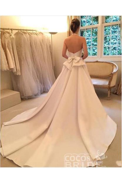 Simple Long A Line Halter Satin Backless Sleeveless Wedding Dress with Bow