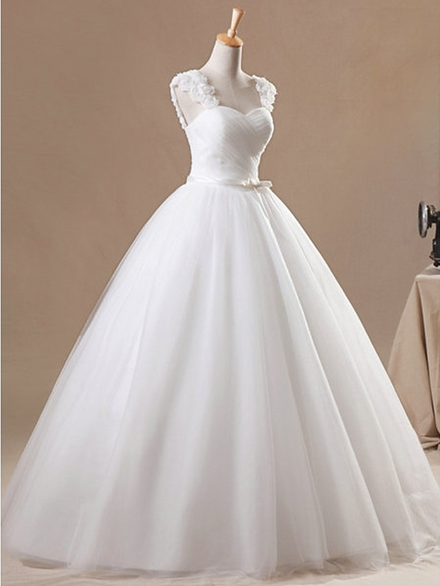 Long Ball Gown Jewel Neck Floor Length Chiffon Tulle Sleeveless Wedding Dresses
