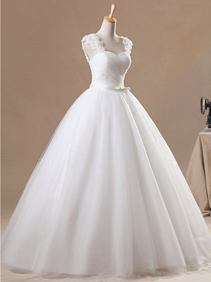 Long Ball Gown Jewel Neck Floor Length Chiffon Tulle Sleeveless Wedding Dresses