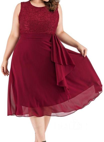 Dark Blue Plus Size Solid Round Neckline Casual Midi X-line Dress Plus Dress