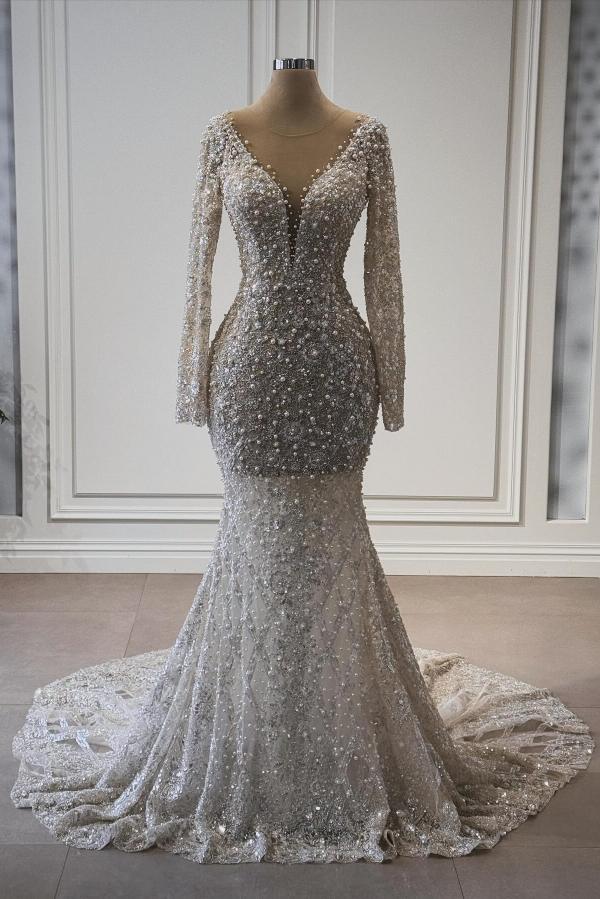 Luxury Long Mermaid V-neck Tulle Floral Lace Evening Formal Dresses with Sleeves